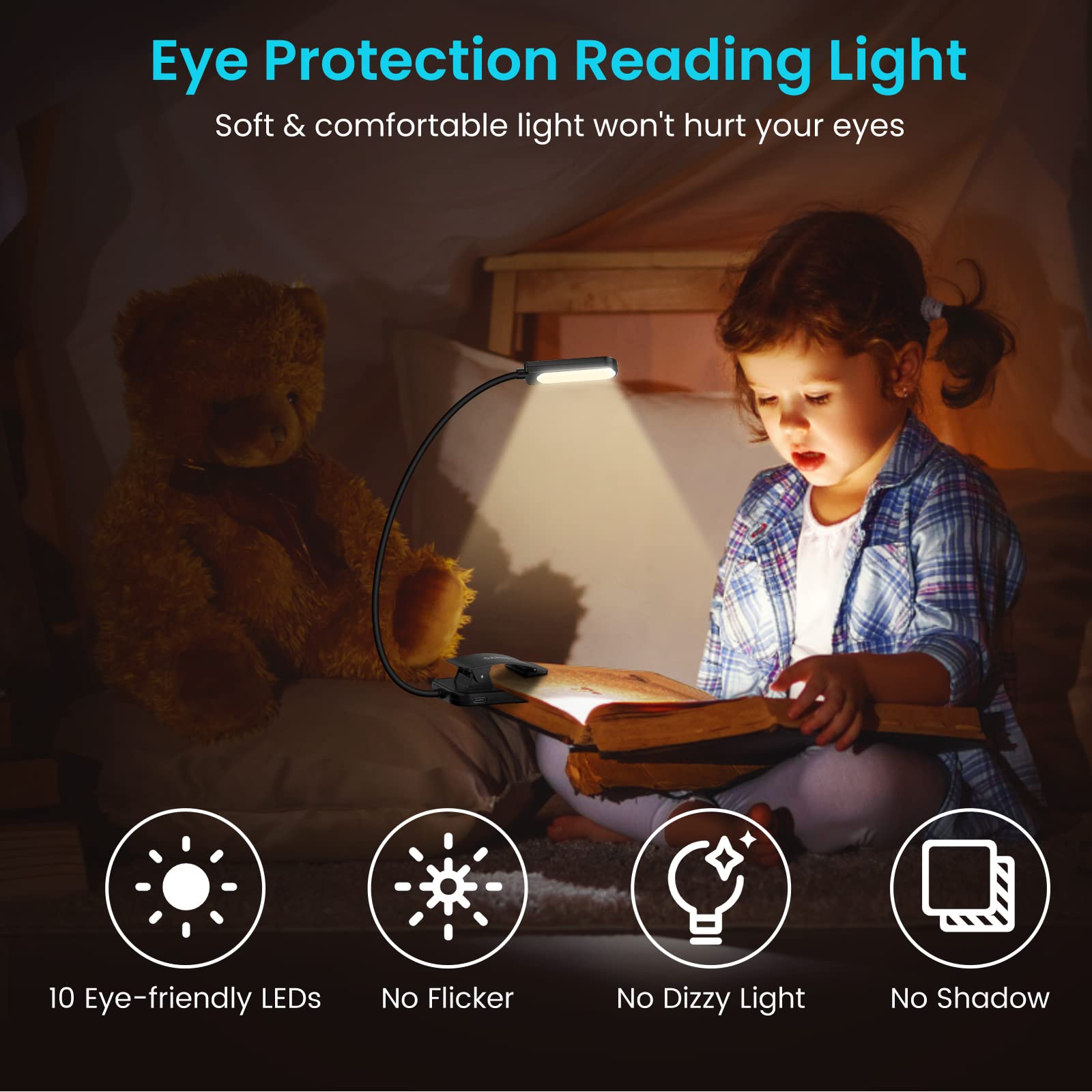 GARITE Book Light, 10 LED Dimmable Reading Light Clip on Book, Long Life Battery, Rechargeable Clip on Reading Light with 3 Brightness Modes (Warm&White&Mixed) for Reading, Bedside, Travel, Tablet