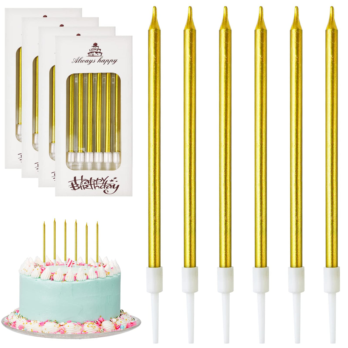 DONQL Birthday Cake Candles, Tall Cake Candles, Long Birthday Candles, Thin Cupcake Candles with Holders for Birthday Cake Baby Shower Cake Wedding Party Decoration（24Pcs Gold