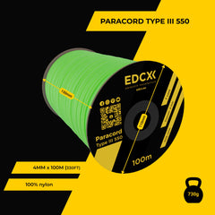 EdcX Paracord 4mm, 35and Solid Colors (10m, 15m, 30m, 50m, 100m, 300m)   Ideal for Crafting, DIY, Camping, Survival, Outdoor   100% Nylon Rope 4mm   Tactical Cord 550 Type III (Neon Green, 100 m)