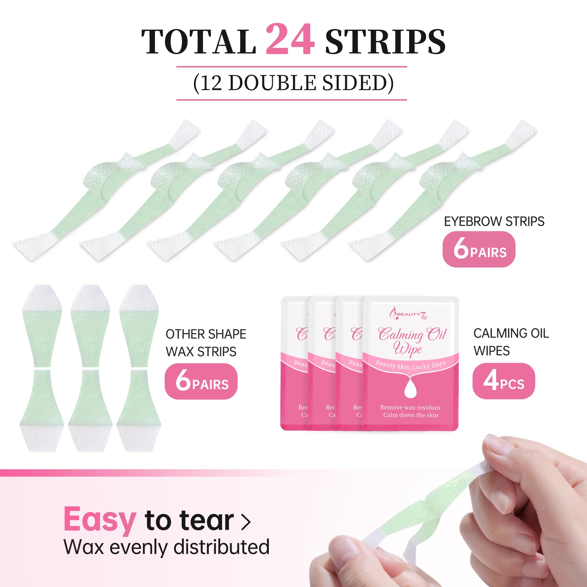 Beauty7 Wax Strips for Face, Eyebrow Shaper Pre-cut, 24pcs Waxing Strips with 4pcs Cleaner Oil Wipes, Cold Wax Strips Facial Hair Removal