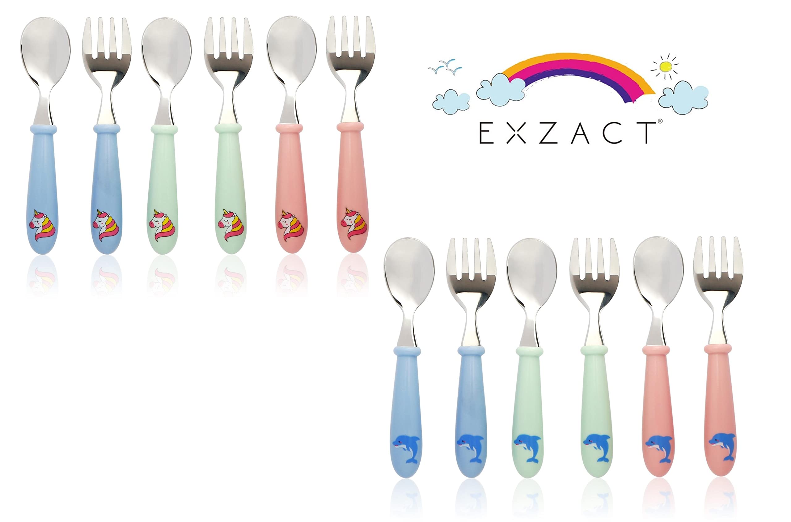 EXZACT Kids Cutlery 6pcs Stainless Steel 18/10 - Children's Cutlery Toddler 3 x Forks, 3 x Spoons - Dishwasher Safe - BPA Free - Unicorn