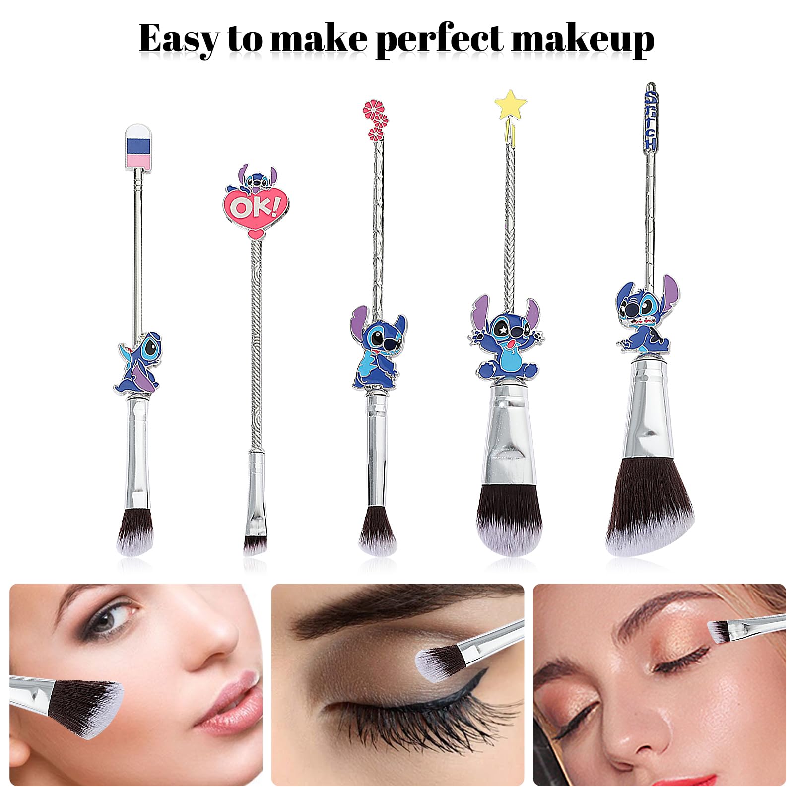 [5 Pcs] Stitch Makeup Brush Set, Lilo and Stitch Gifts Cosmetic Brushes for powder eyeshadow blushes lips, Portable Kawaii Makeup Brush Set, Stitch Gifts for Girl Women