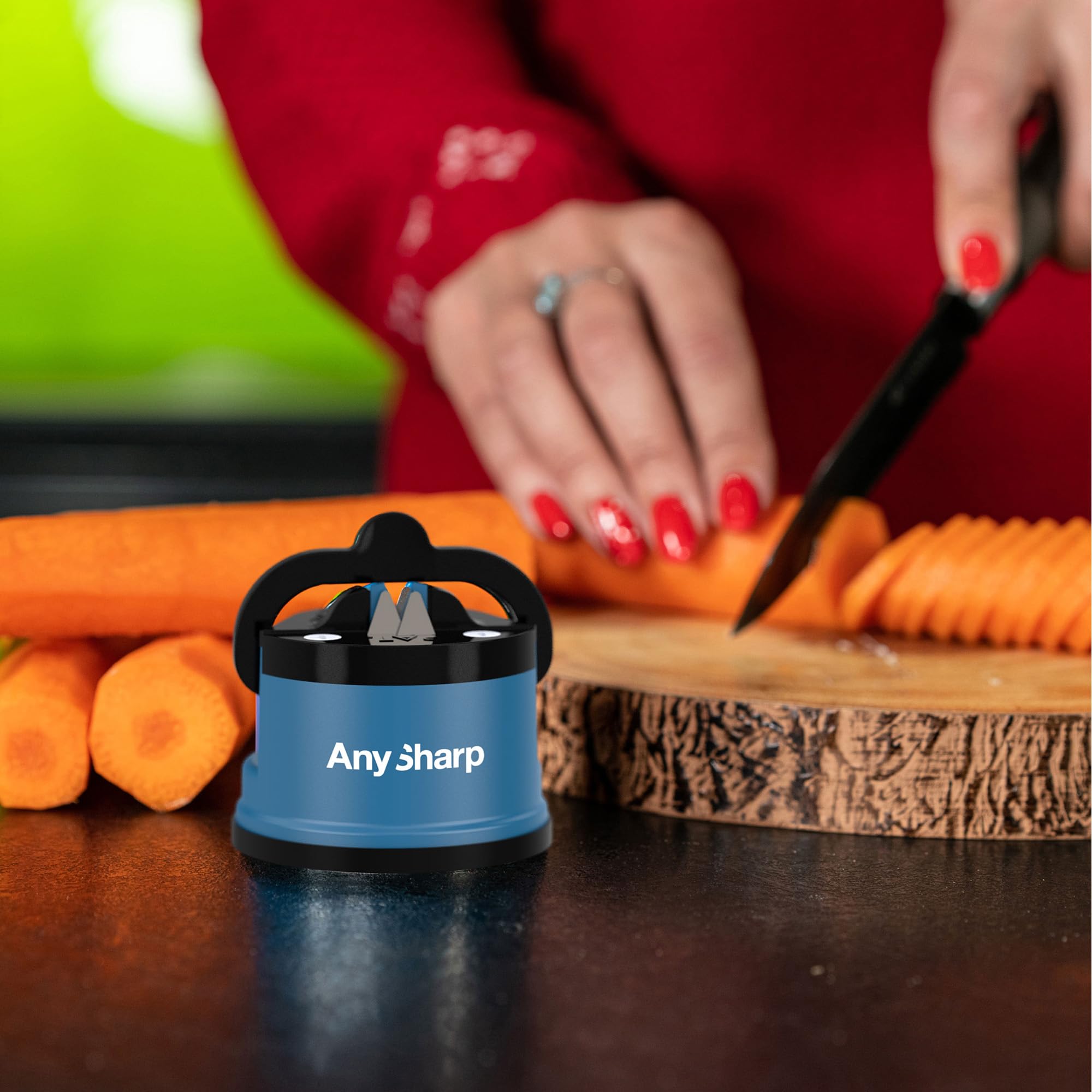 AnySharp Knife Sharpener, Hands-Free Safety, PowerGrip Suction, Safely Sharpens All Kitchen Knives, Ideal for Hardened Steel & Serrated, World's Best, Compact, One Size, Blue