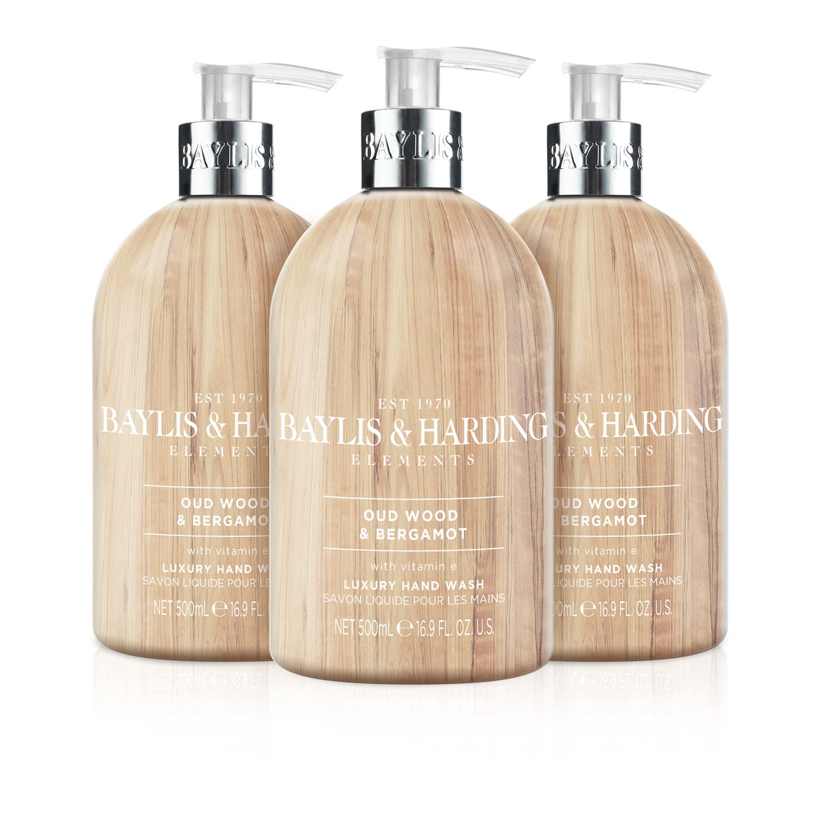 Baylis & Harding Elements Oud Wood & Bergamot Hand Wash, 500 ml (Pack of 3) - Vegan Friendly