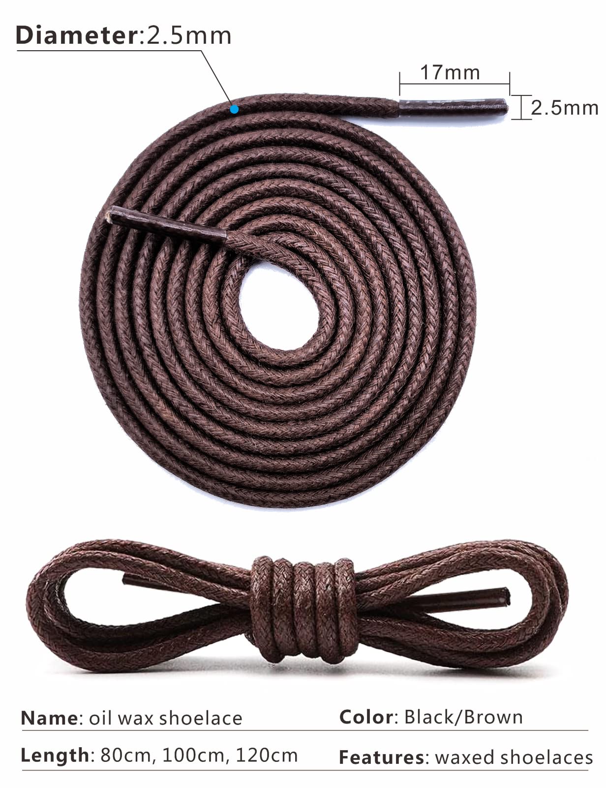 YIKEDA Shoe Laces Round Waxed Cotton Laces (Pack of 2 Pairs) Length 100cm Diameter 2.5mm Perfect for Oxfords, Derbies, Brogues and Other Dress Shoes (Brown)