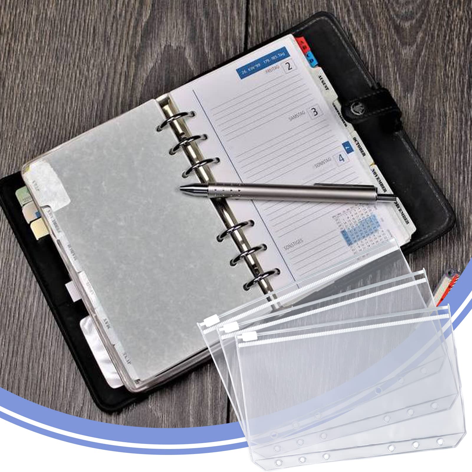 12 Pcs Cash Envelopes, A6 Binder Pockets 6 Holes PVC Zipper Folders Waterproof Zipper Loose Leaf Bags with Label Stickers for Bill Money Cash Cards