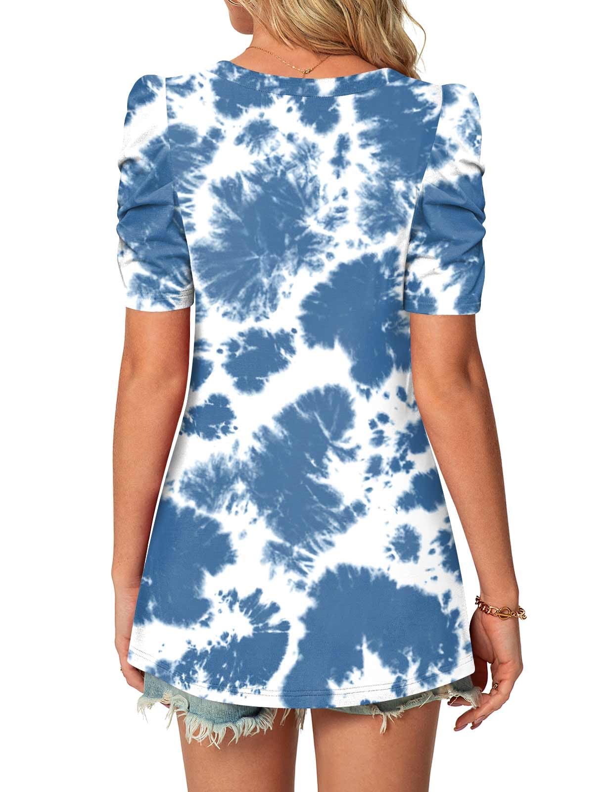 TAOHUADAO Womens Tops Casual Square Neck Puff Short Sleeve Tunic T-shirts for Women,Tie Dye Blue XL