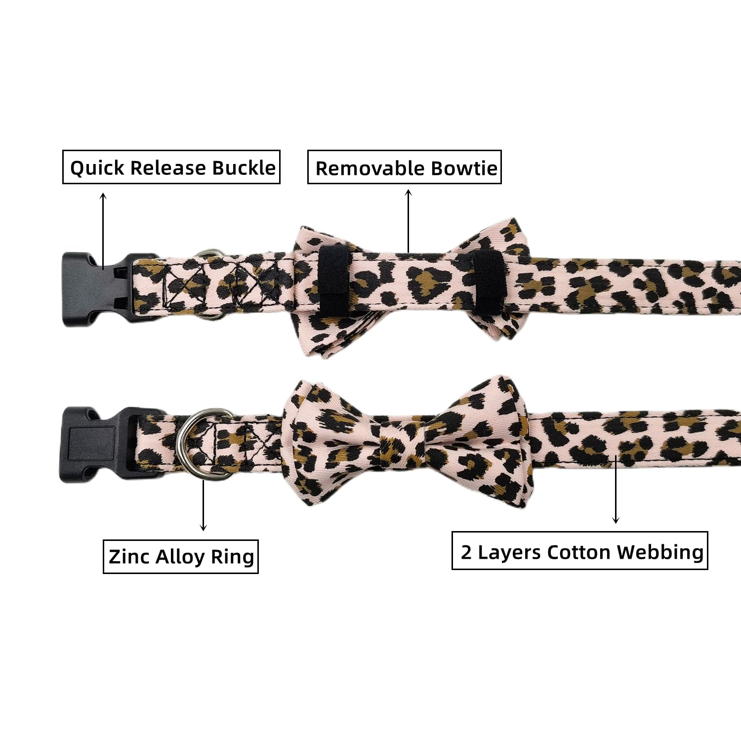 Olahibi Dog Bowtie Collar and Leash Set, Leopard Pattern, Cotton Fabric Material, 150CM Leash, for Small Dogs.(S, Pink Leopard)