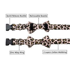 Olahibi Dog Bowtie Collar and Leash Set, Leopard Pattern, Cotton Fabric Material, 150CM Leash, for Small Dogs.(S, Pink Leopard)