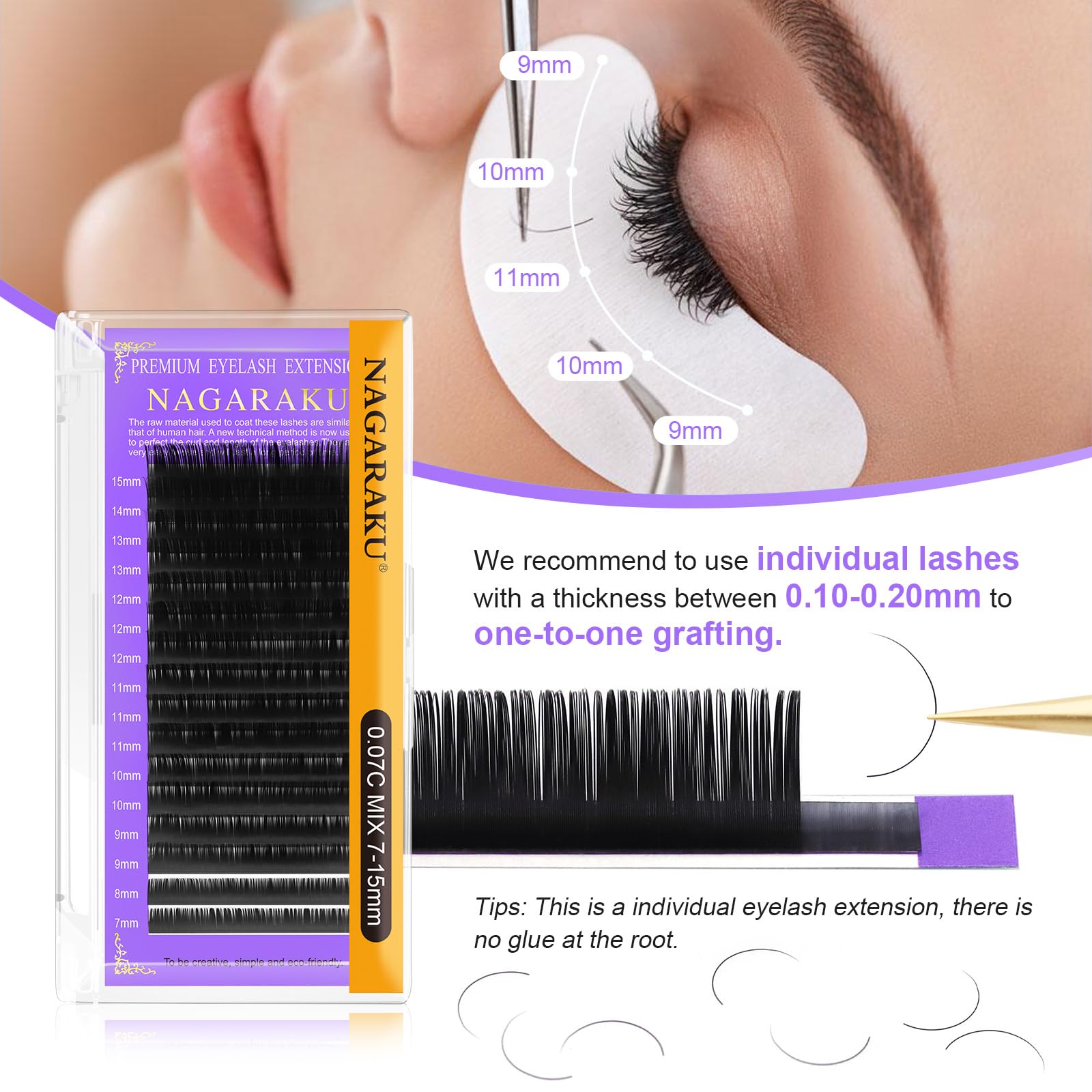 NAGARAKU Extension Eyelash Supplies Classic 1:1 Lashes Individual Volume Lash Extensions Soft Single Eyelashes Natural Semi Permanent Eyelashes Matte Black 16 Rows (0.15mm D Curl 13mm)