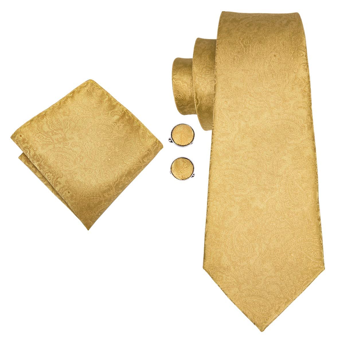 Dubulle Gold Extra Long 63inch Tie Paisley Set for Men Floral Necktie Handkerchief Cufflinks Party