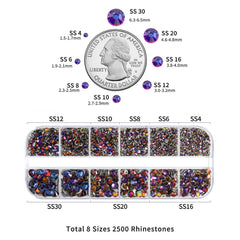 Beadsland Rhinestones for Makeup,8 Sizes 2500pcs Blue Flatback Rhinestones Face Gems for Nails Crafts with Tweezers and Wax Pencil,Blue Volcano,SS4-SS30