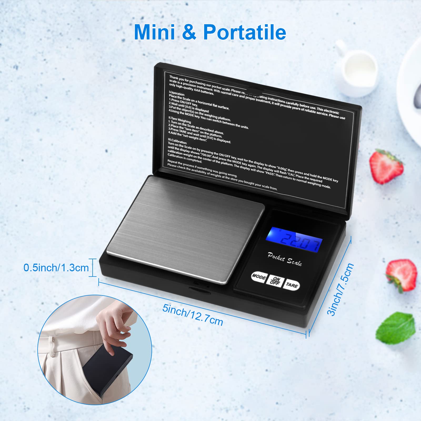 Mini Digital Scales 500x0.01g Small Scales Micro Jewellery Scales Weed Kitchen Pocket Scales Precision Weighing with Back-Lit LCD Display for Jewellery Gold Coffee Herb (2 Batteries Included)