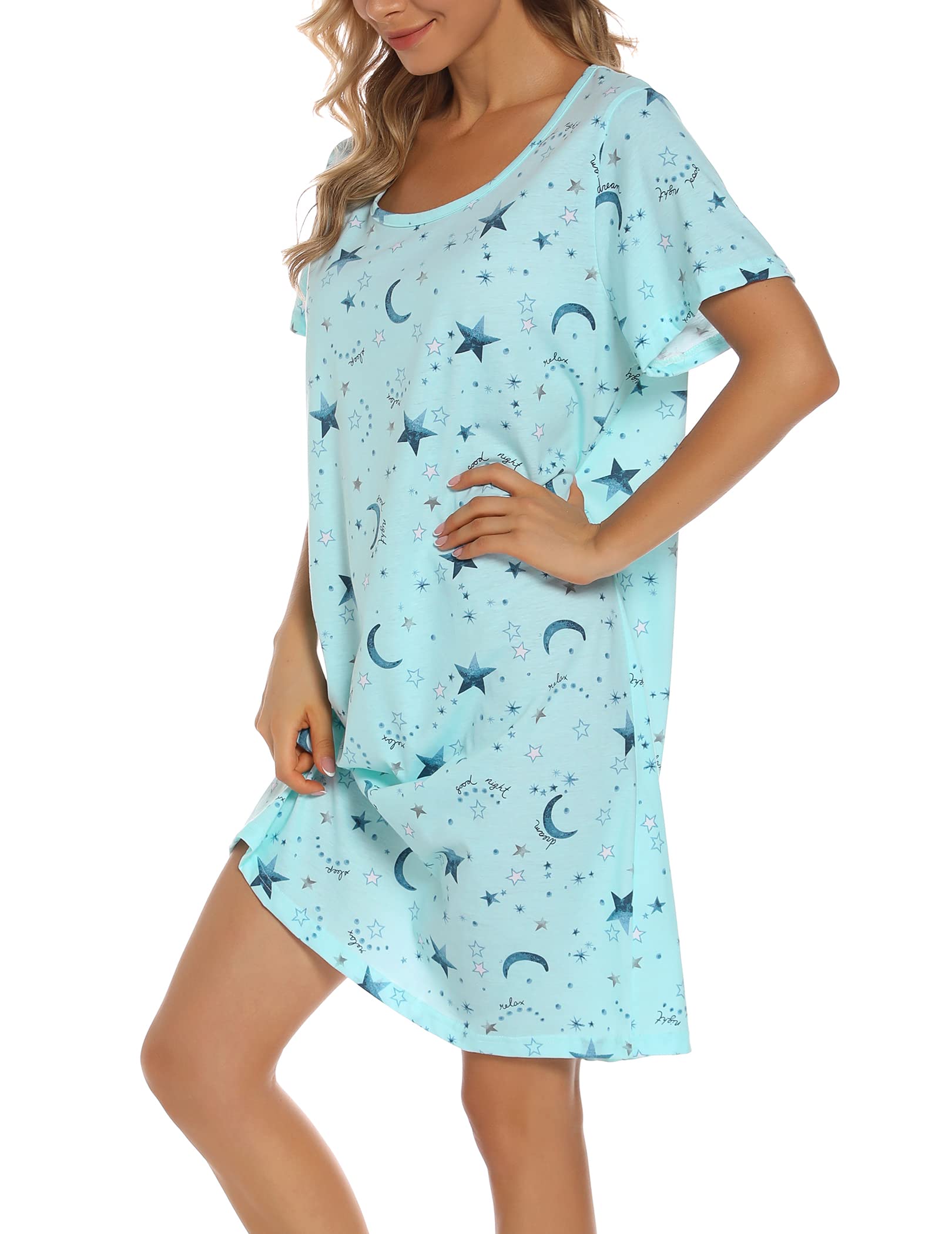 ENJOYNIGHT Nighties for Women Cotton Nightdress Sleep Tee Short Sleeves Print Nightshirt Soft Sleepwear Loungewear (X-Large,Star)