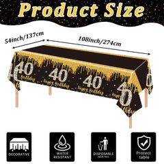 40th Birthday Table Cloth Black Gold,137*274cm Black Gold 40th Birthday Party Table Decoration Plastic Waterproof Rectangular Table Cover for Men Women Him Her Birthday Gifts Party Table Decoration