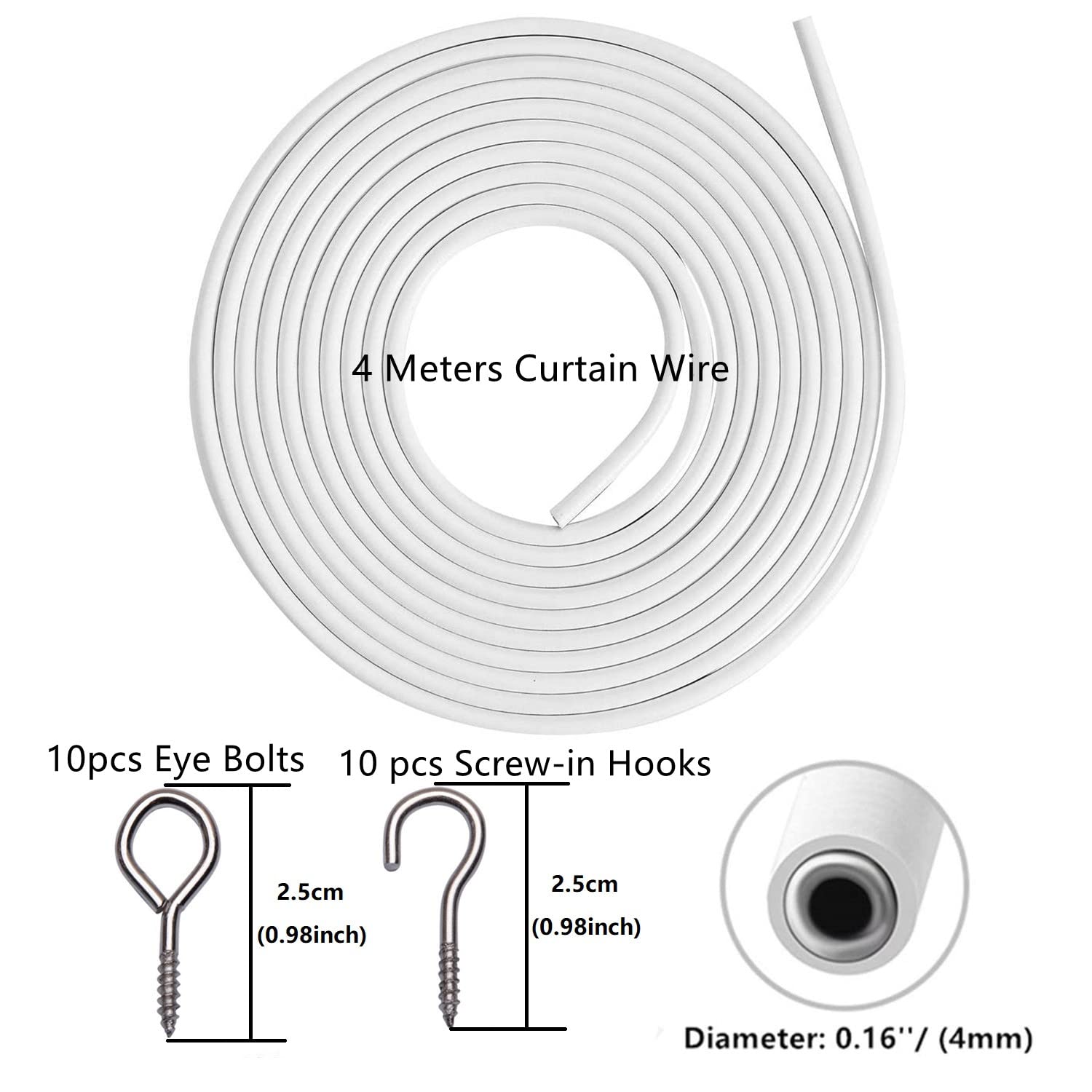 ASIWUJING Curtain Wire 4 Metres Net Curtain Wire Cord Cable with 10 Hooks and 10 Eyes…