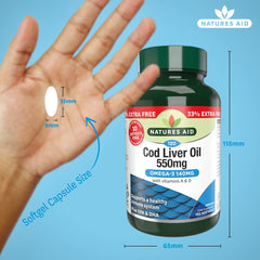 Natures Aid Cod Liver Oil 550 mg 120 Softgel Capsules (Providing 120 mg Omega-3, with Vitamins A and D, For The Normal Function of the Immune System, Purity Guaranteed, Made in the UK)