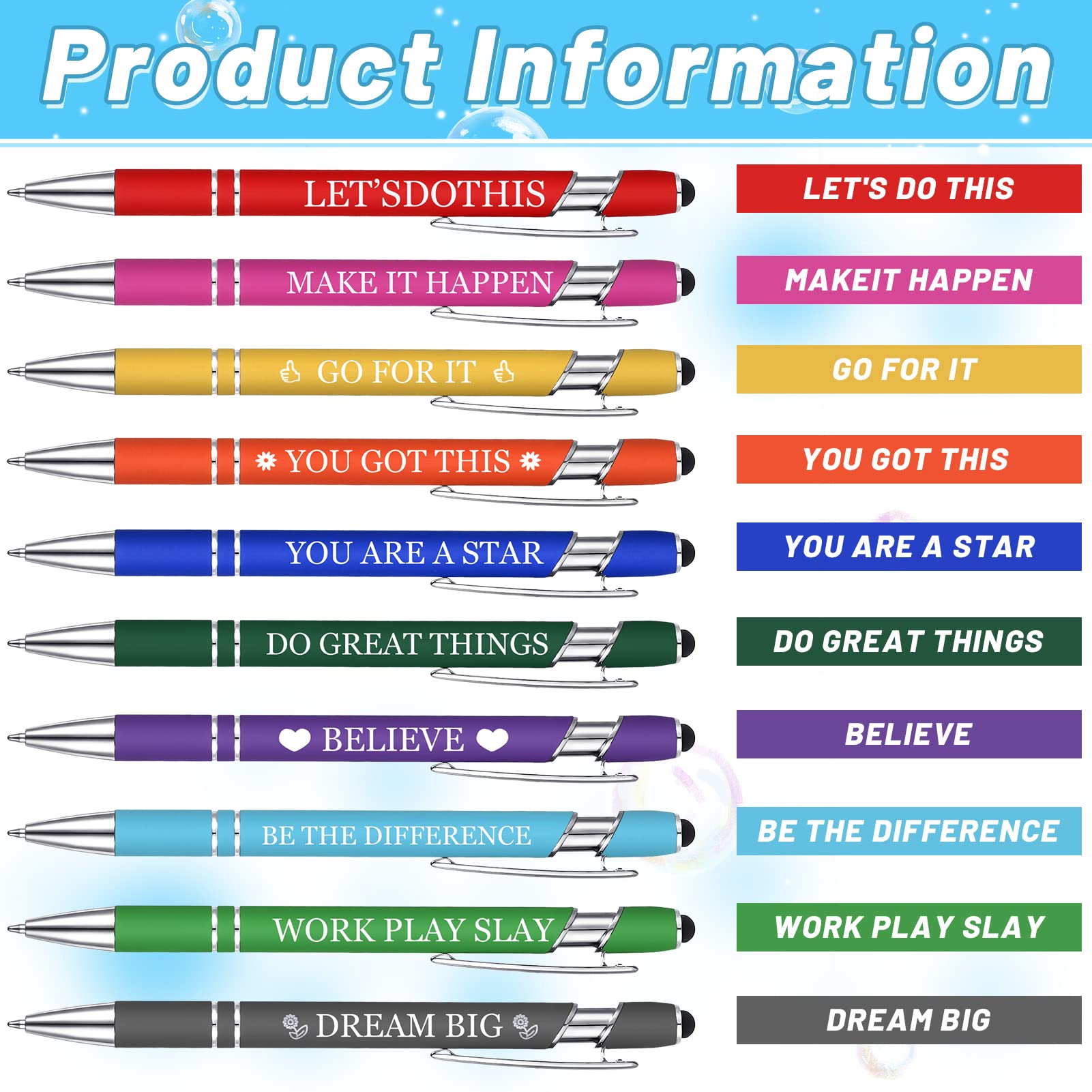 umorismo 10 Pcs Quotes Pen Inspirational Ballpoint Pen With Stylus Tip Motivational Messages Personalised Retractable Pens Metal Pen Set Metal Black Ink Pens Encouraging Stylus Pen