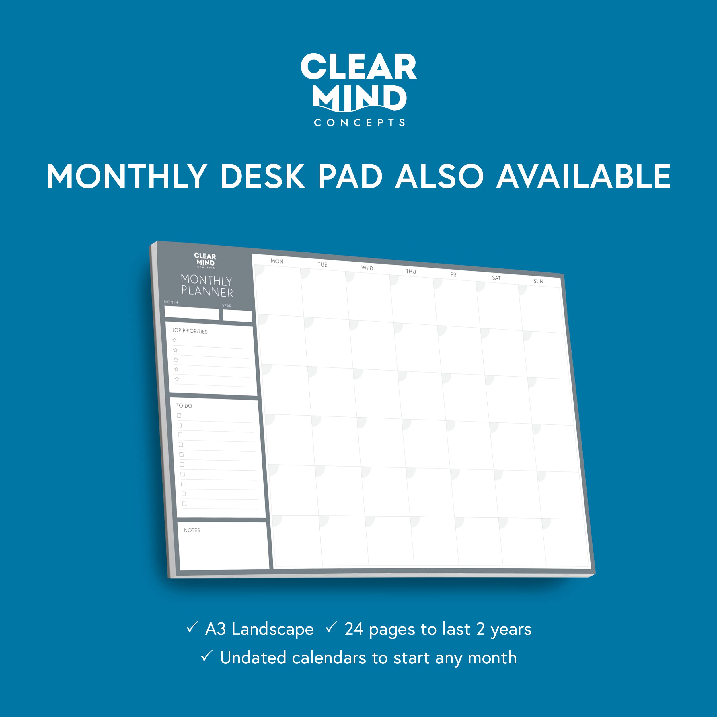 Weekly Planner Desk Pad by Clear Mind Concepts® – A4 Size - 52 Tear Off Sheets Undated 120gsm Thick Paper