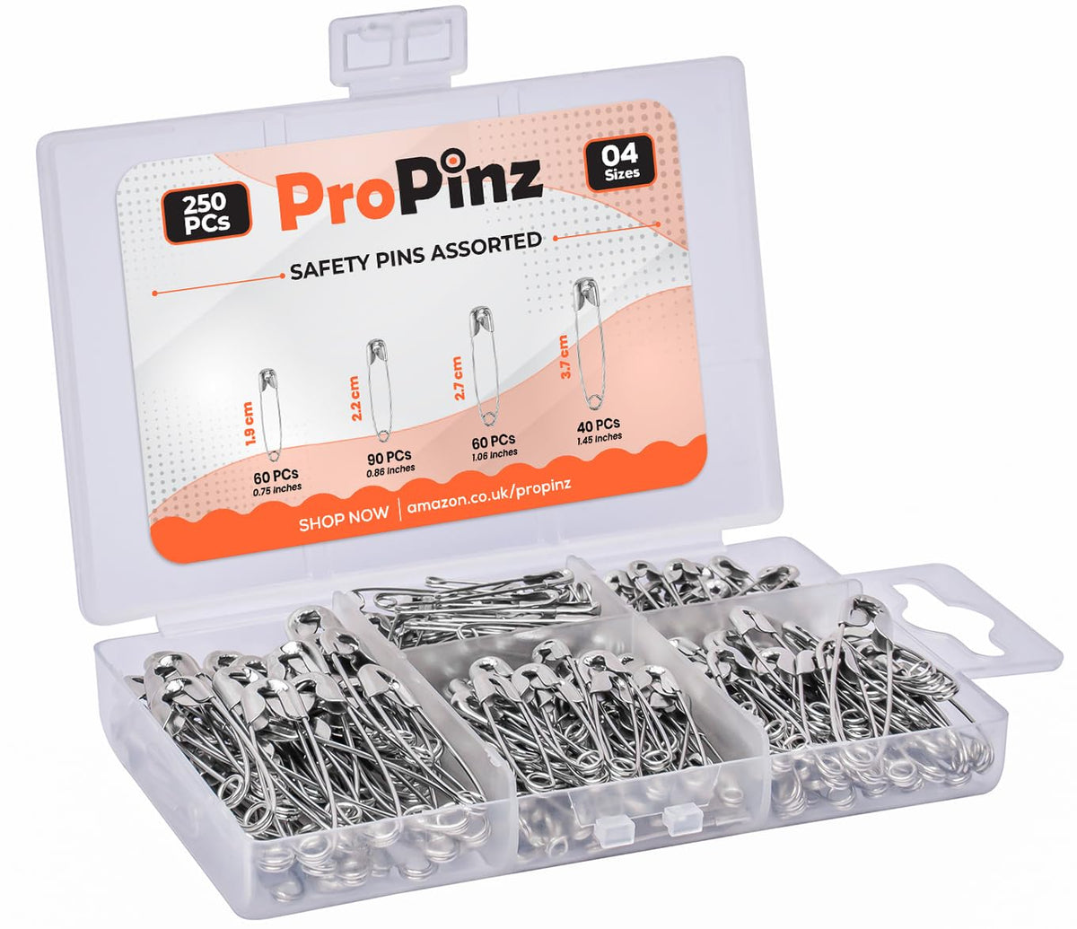 250x Safety Pins Assorted 4-Sizes - Strong Nickel Plated Steel, Rust Resistant - Small Safety Pins for Clothes and Ideal for Art & Crafts, DIY, Pinning, Hemming, Dressmaking, Sewing and More