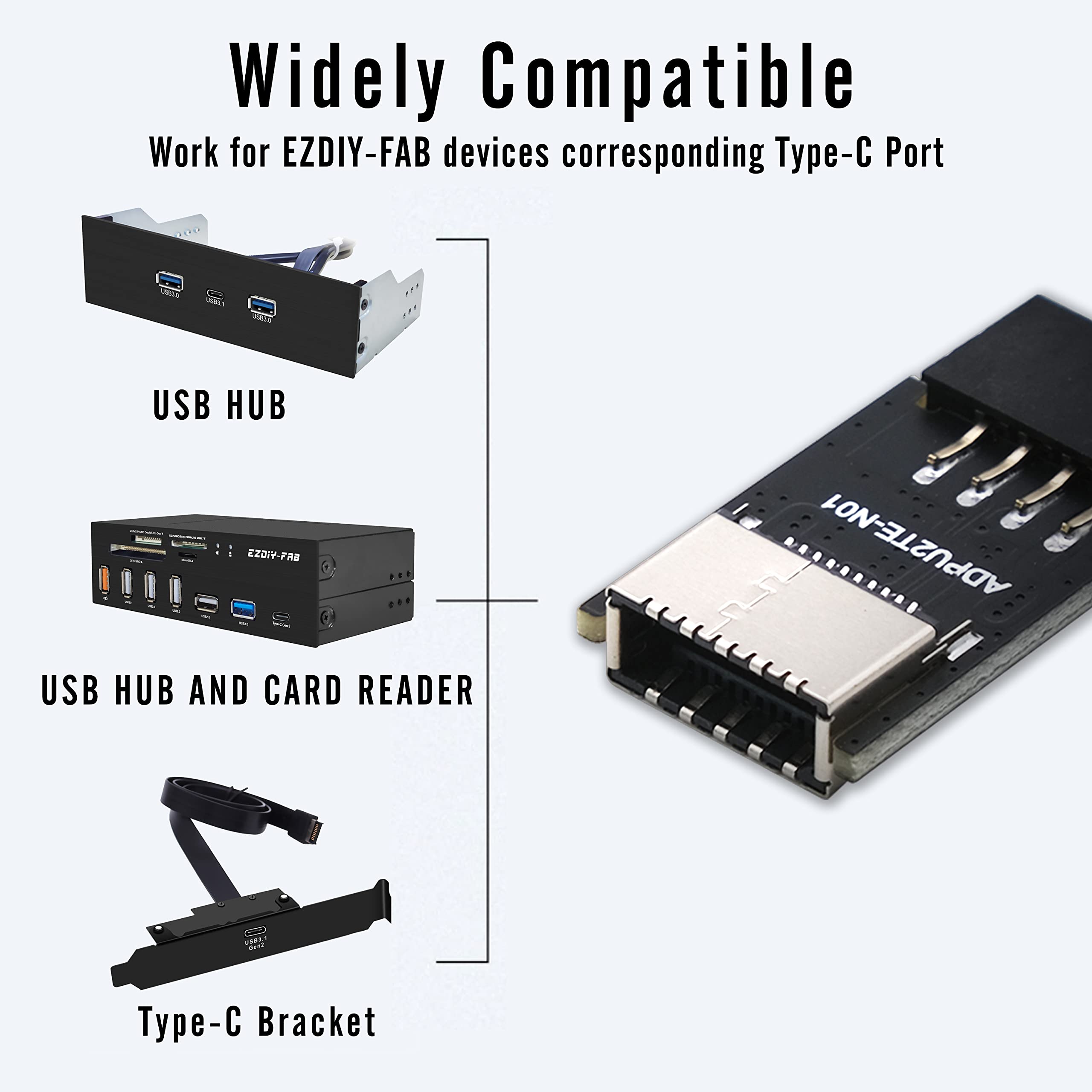 EZDIY-FAB USB 2.0 Internal Header (9-Pin) to USB 3.1/3.2 Type-C (20-Pin) A-Key Front Panel 180 Degrees Adapter, Extend USB Type E Ports to PCs Front Panel USB Ports