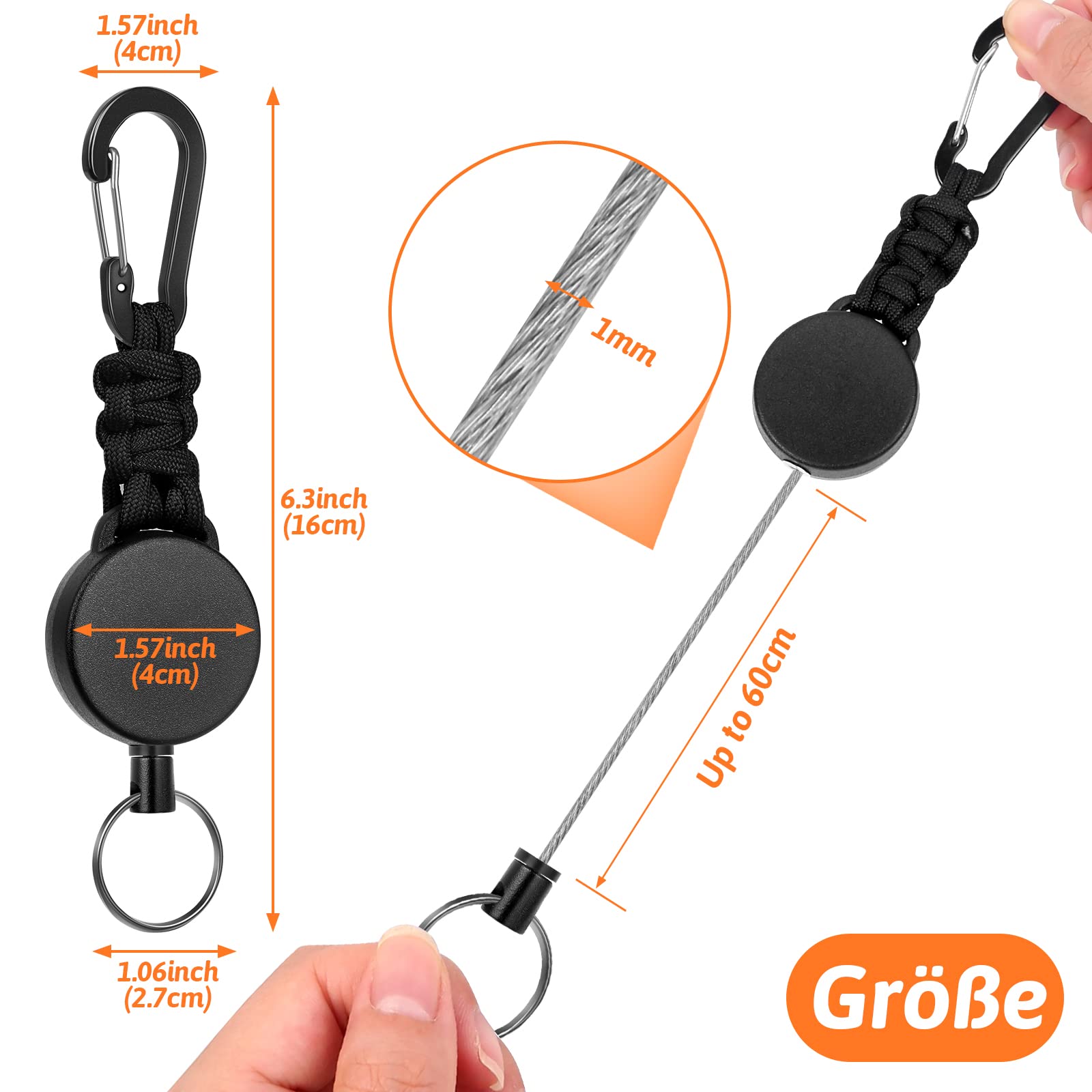 Selizo Retractable Keyring,3 Pieces Retractable Lanyard ID Badge Holder with 60cm Extendable Steel Wire,Retractable Keychain Badge Reel SKI Pass Retractable Holder with Carabiner
