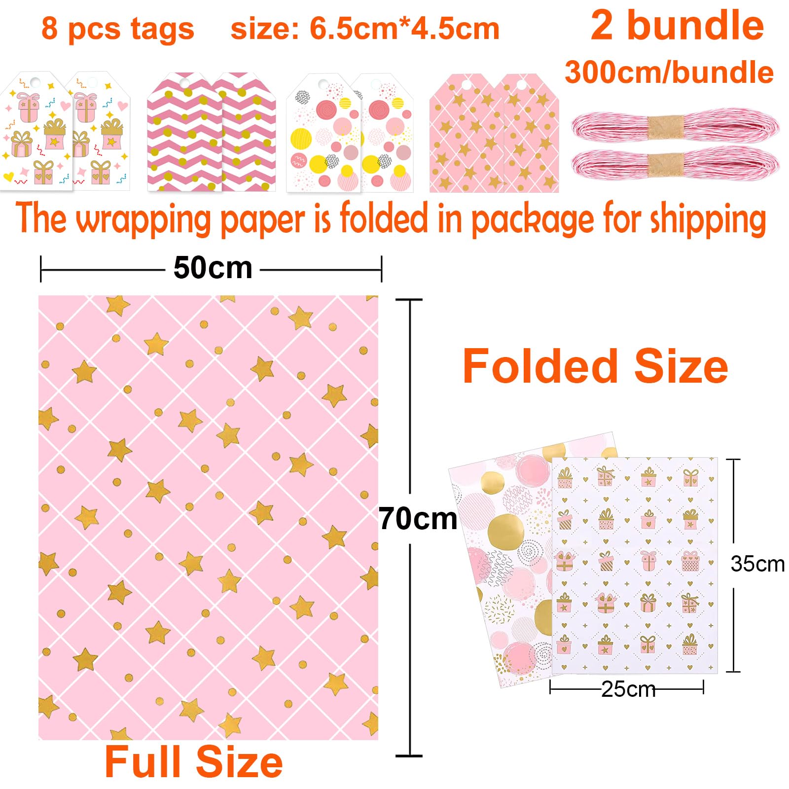 Jatidne 12 Sheets Pink Wrapping Paper with Matching Tags Girls Wrapping Paper Birthday Recyclable Gift Wrap