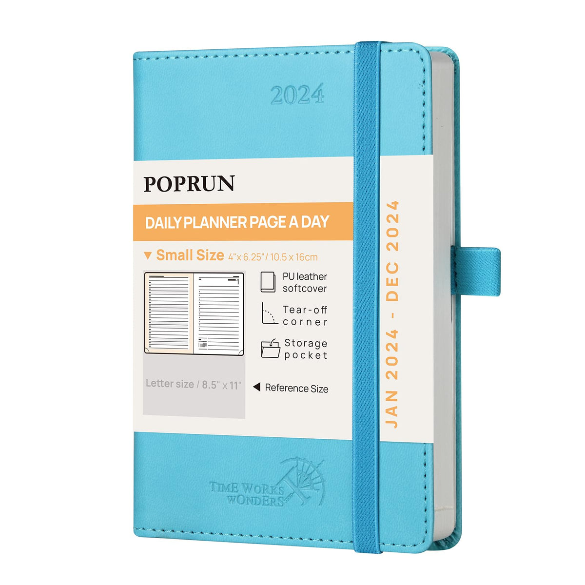 POPRUN A6 Diary 2024 Day Per Page Soft Cover Pocket Appointment Diary, Small Daily Planner 24 Day To Page, Hourly Interval, FSC® Paper - Blue Green