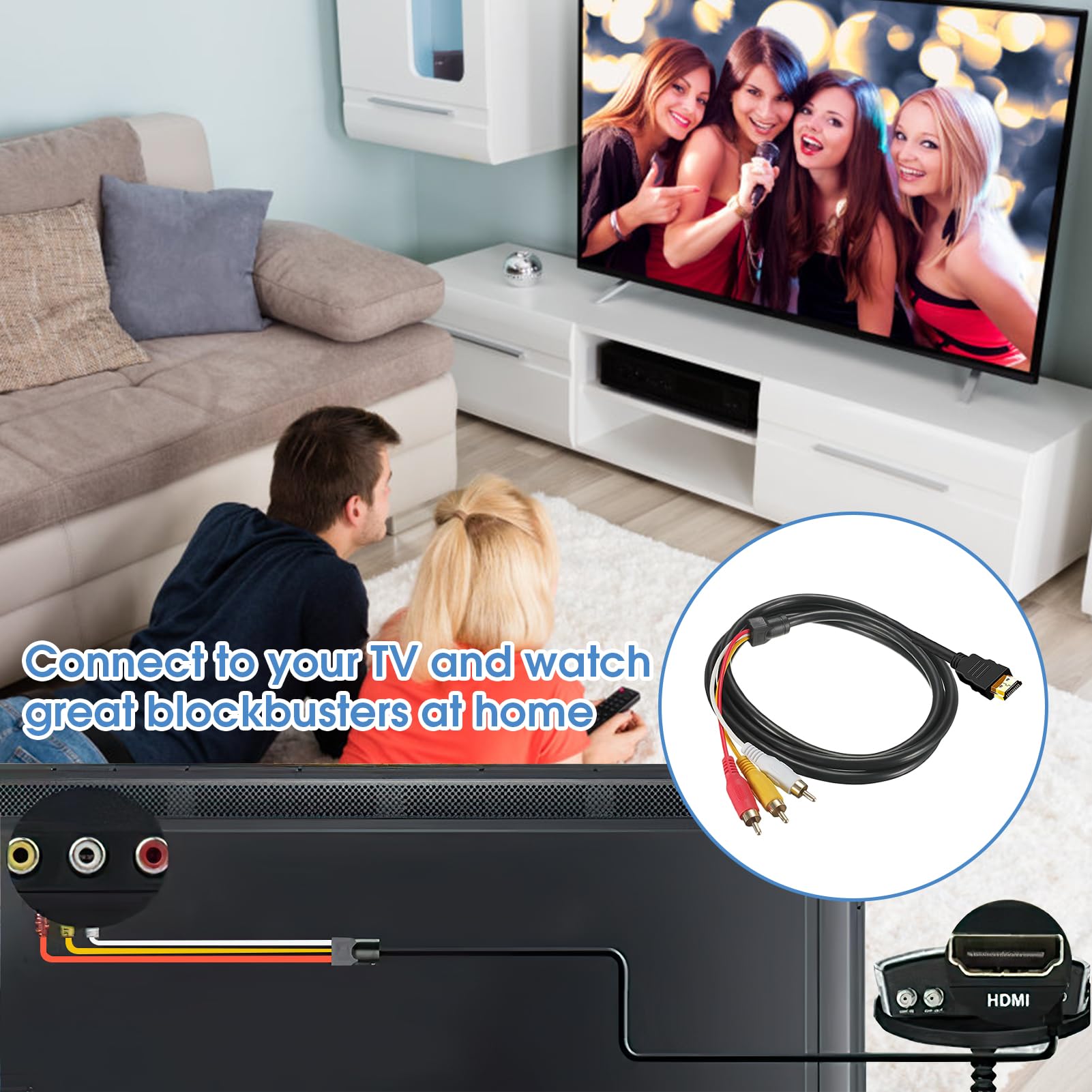 Onsolo HDMI to RCA Cable HDMI to AV Converter 3 Color Jack to Jack Cable 1.5m Audio Cable HDTV 1080P Set-top Box HD Conversion Cable 3-RCA HDMI to AV Cable for Projectors Transmitter Audio Video LCD