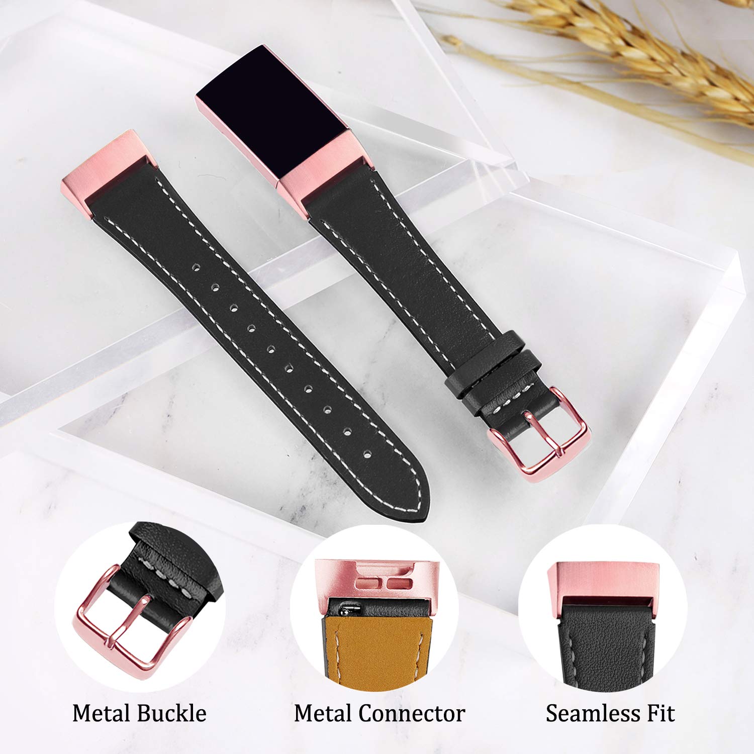 Mornex Strap Compatible Charge 3 Strap/Charge 3 SE/Charge 4 Leather Strap, Classic Adjustable Replacement Wristband Fitness Accessories Metal Connectors