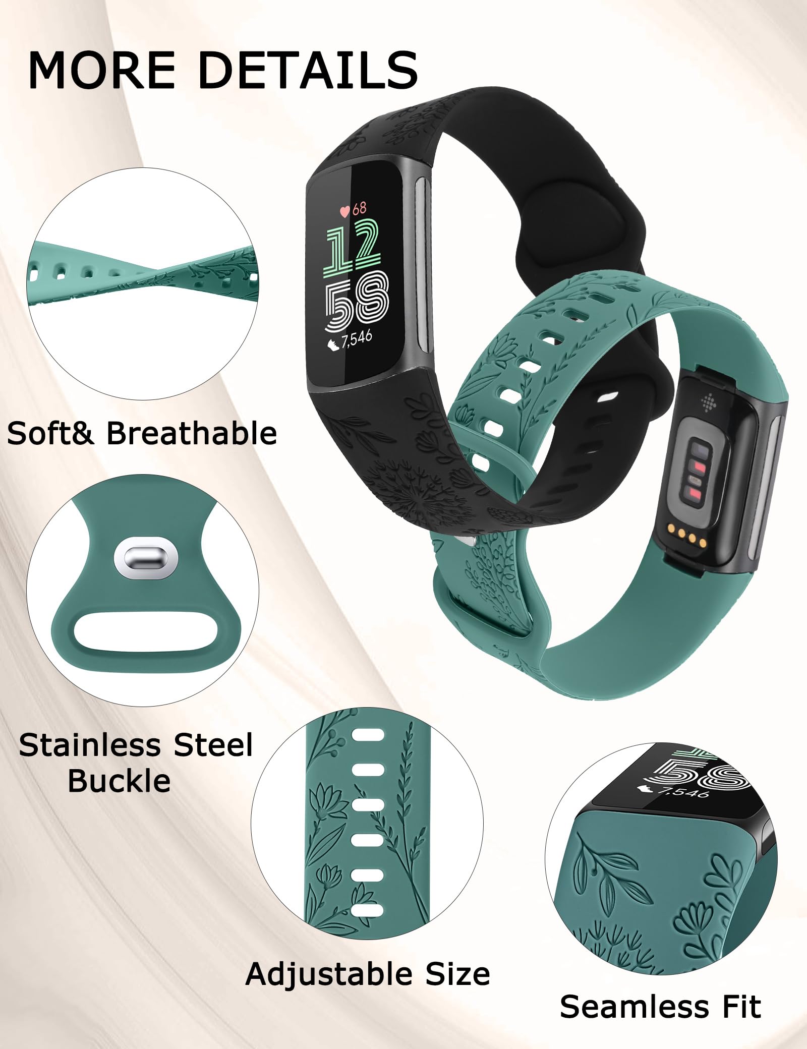 TOYOUTHS 3 Packs Floral Engraved Compatible with Fitbit Charge 5/Charge 6 Strap for Women, Soft Waterproof Silicone Sport Band with Cute Dandelion Flower Pattern, BlackandIce BlueandGreen