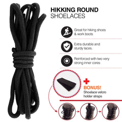 Round Boot Laces (3 Pairs) 5mm Durable Shoelaces for Hiking, Walking, Outdoor and Work Boots and Bonus Shoelaces Holder by CUBSER (90cm, Black-Grey)