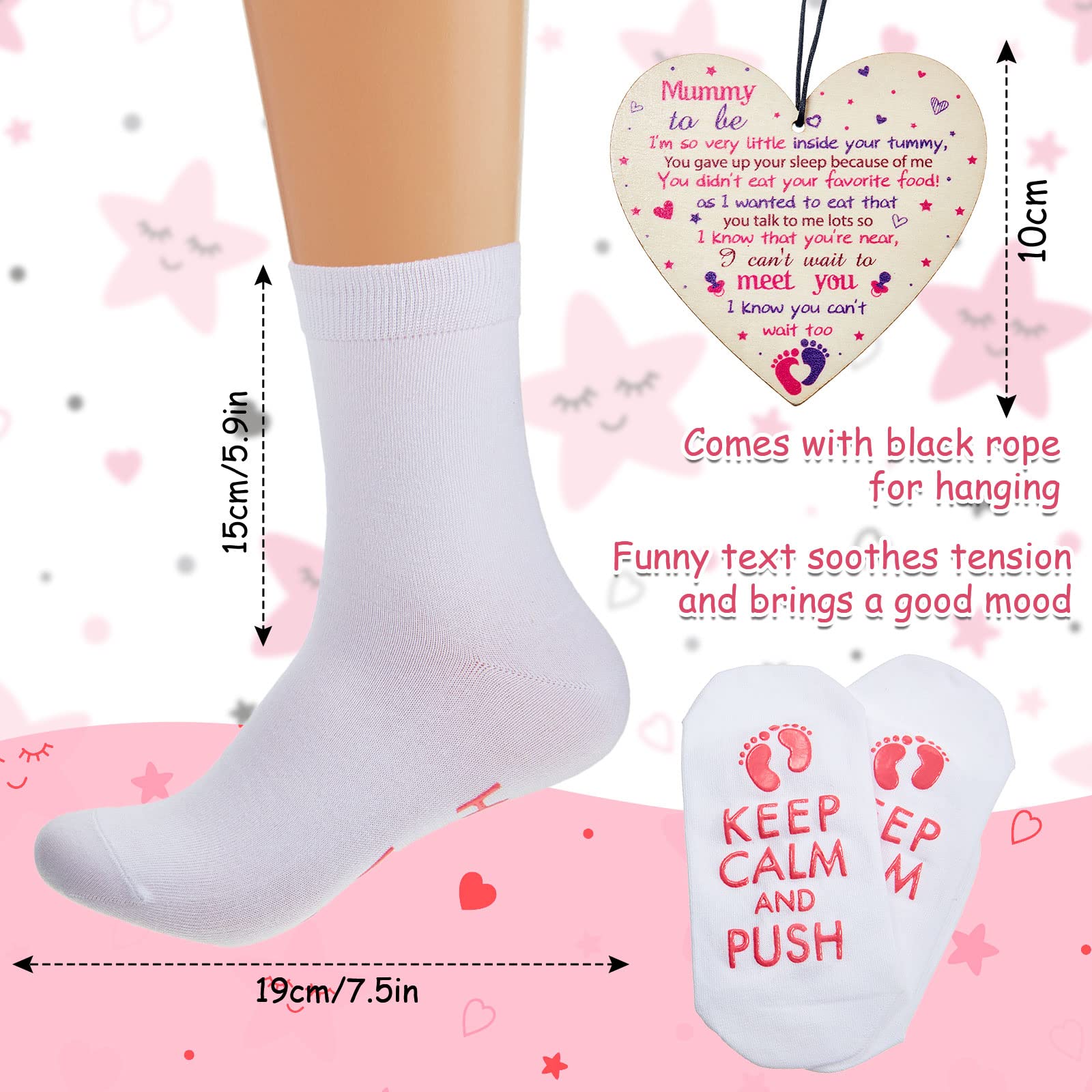 Keep Calm and Push Funny Maternity Socks Mummy to Be Sign Mother's Day Pregnancy Baby Shower Present Cotton Mummy Socks Mum to Be Gifts Wooden Heart Keepsake with Rope for Pregnancy Women (Pink)