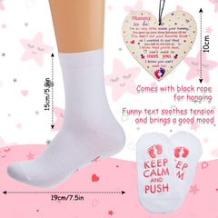 Keep Calm and Push Funny Maternity Socks Mummy to Be Sign Mother's Day Pregnancy Baby Shower Present Cotton Mummy Socks Mum to Be Gifts Wooden Heart Keepsake with Rope for Pregnancy Women (Pink)