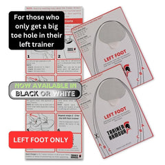 Left Foot Only Big Toe Hole Preventer for Running Shoes and Fabric Footwear. Black self-Adhesive Patches with a Clever applicator. Strong and unnoticeable When Fitted. Also for Footwear Repair