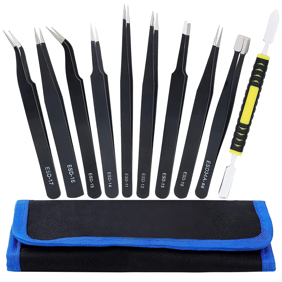 Precision ESD Tweezers Set, Anti-Static Stainless Steel Tweezers Set Kit Perfect for Electronics, Craft, Jewellery, Soldering, Laboratory Work and Detailed Work 10pcs