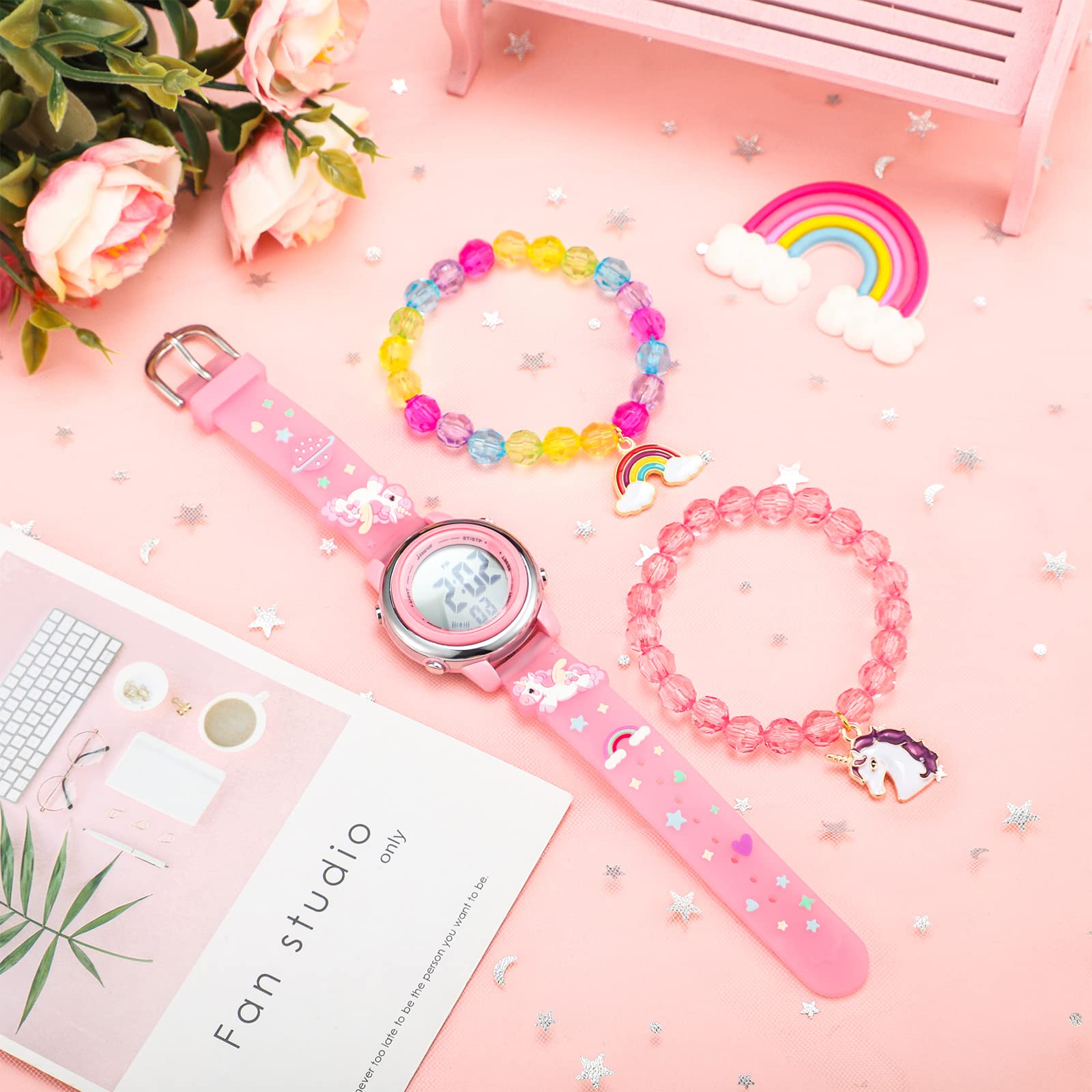 3 Pieces Kids Unicorn Watch and Unicorn Bracelet Waterproof Toddler Digital Watch Light Watch with Alarm Stopwatch Unicorn Easter Children's Day Gift for 3-10 Year Girls(Lovely Style)