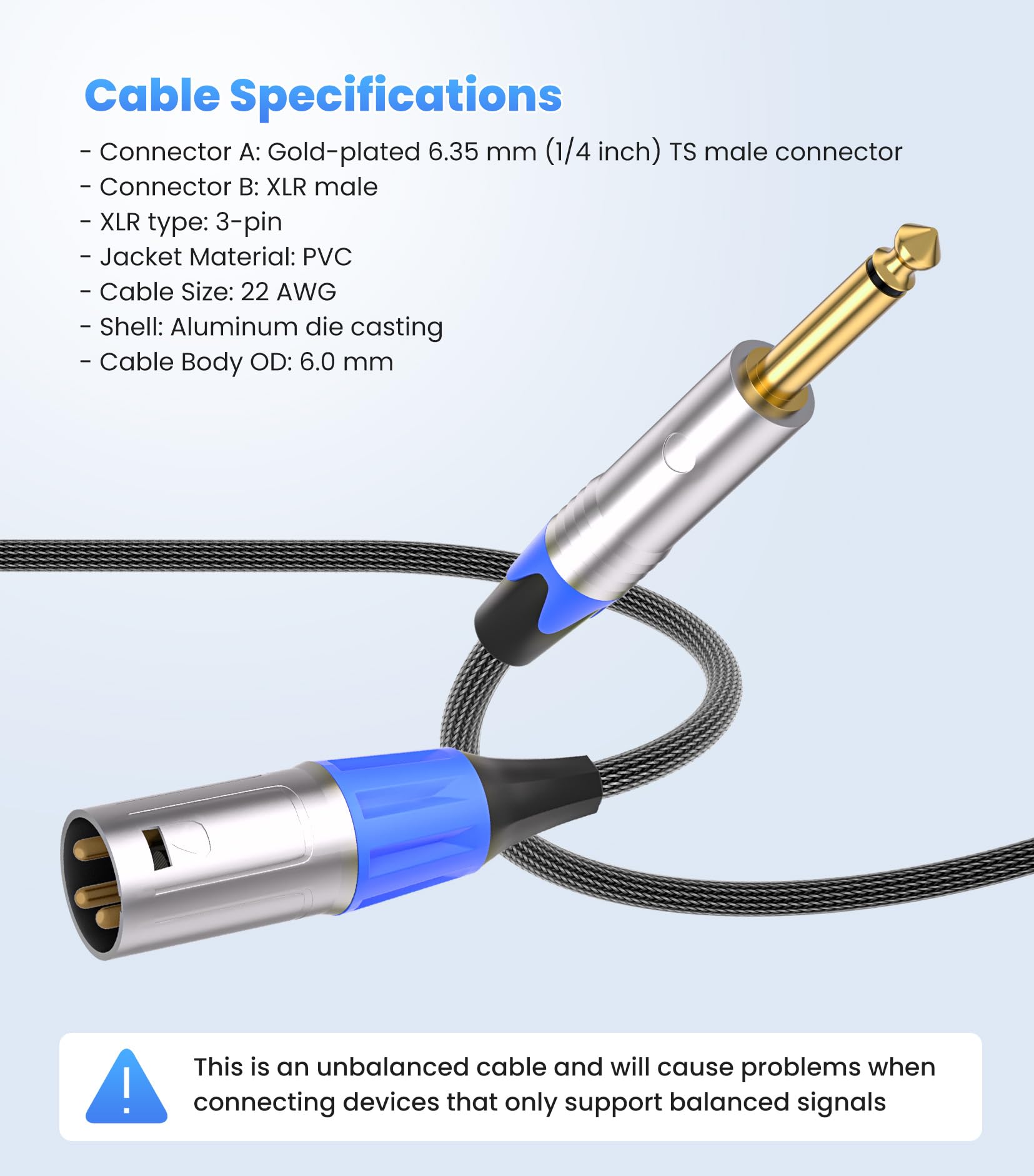 Tisino 6.35mm Jack TS to XLR Male Cable, Nylon Braid Quarter inch 1/4 inches Mono to XLR Unbalanced Interconnect Lead - 3m