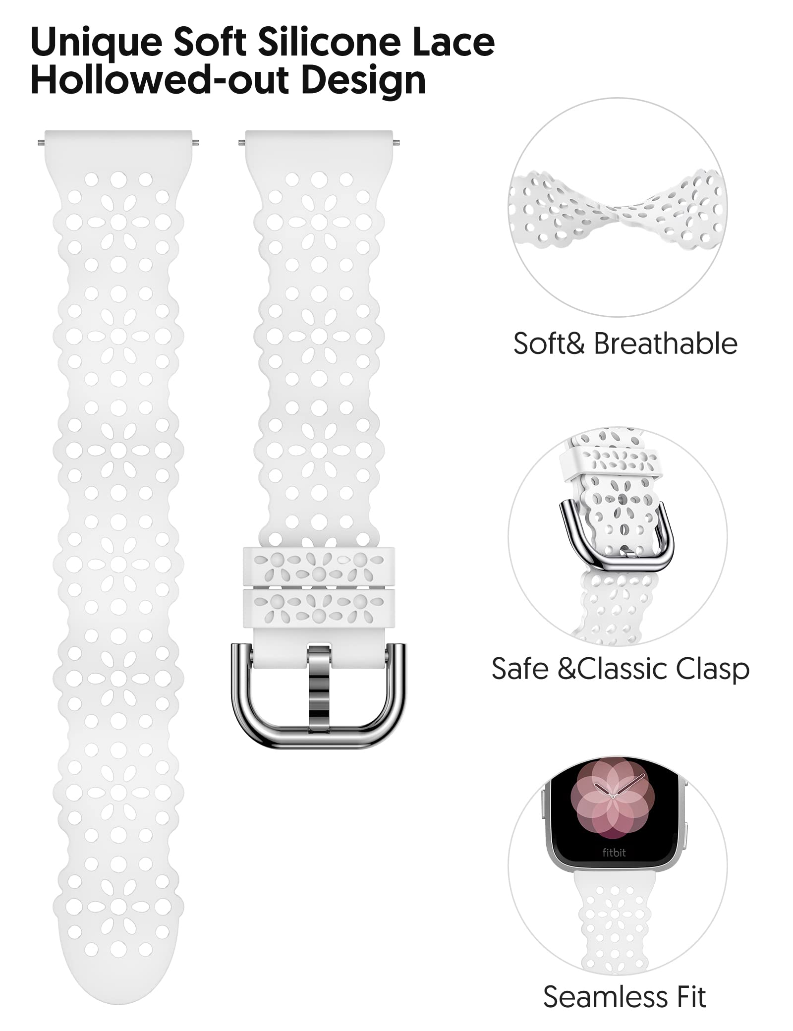 TOYOUTHS Lace Silicone Strap Compatible with Fitbit Versa/Fitbit Versa 2, Women Slim Cute Hollow-Out Sport Strap Replacement for Versa Lite/Versa SE, Breathable Waterproof Soft Strap, White