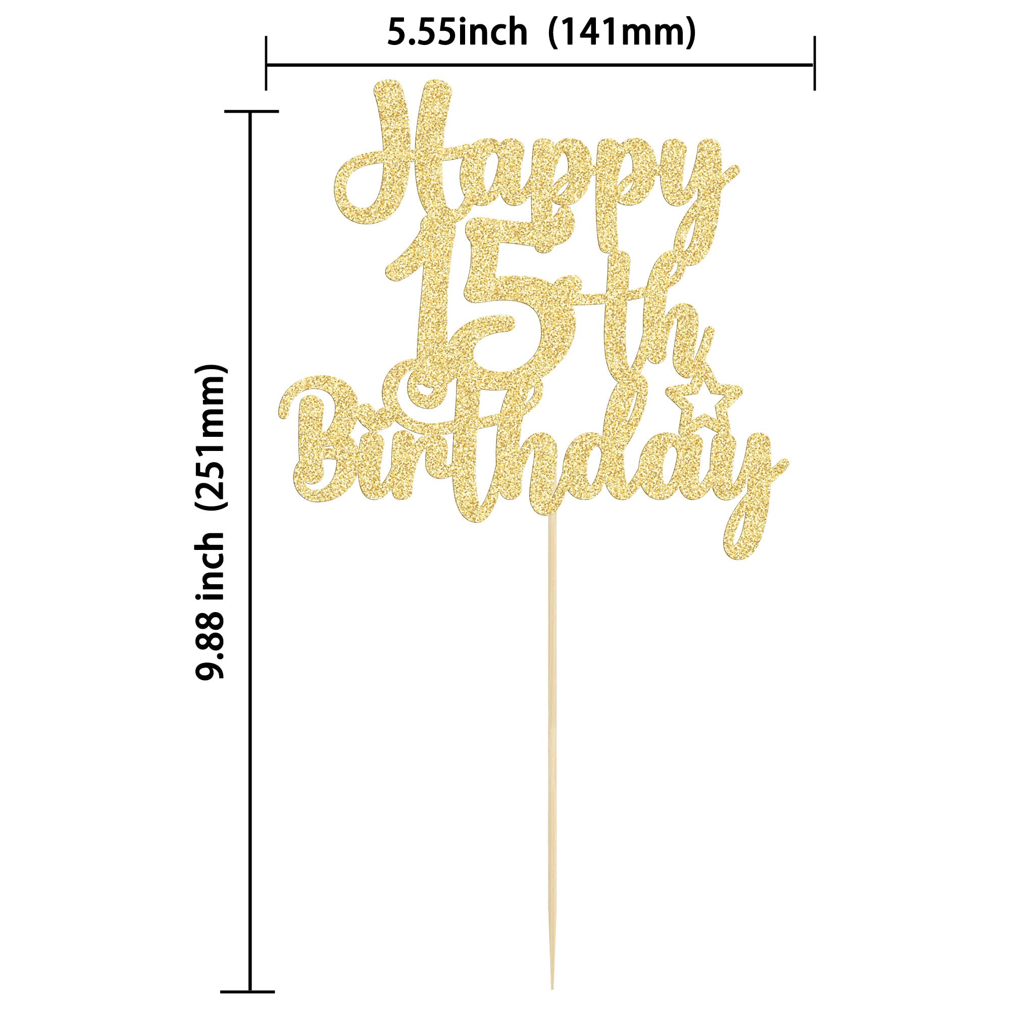 Gyufise 1Pc Happy 15th Birthday Cake Topper Glitter 15 & Fabulous Cheers to 15 Years Old Cake Pick for Celebrating 15th Birthday Anniversary Party Cake Decorations Supplies Gold