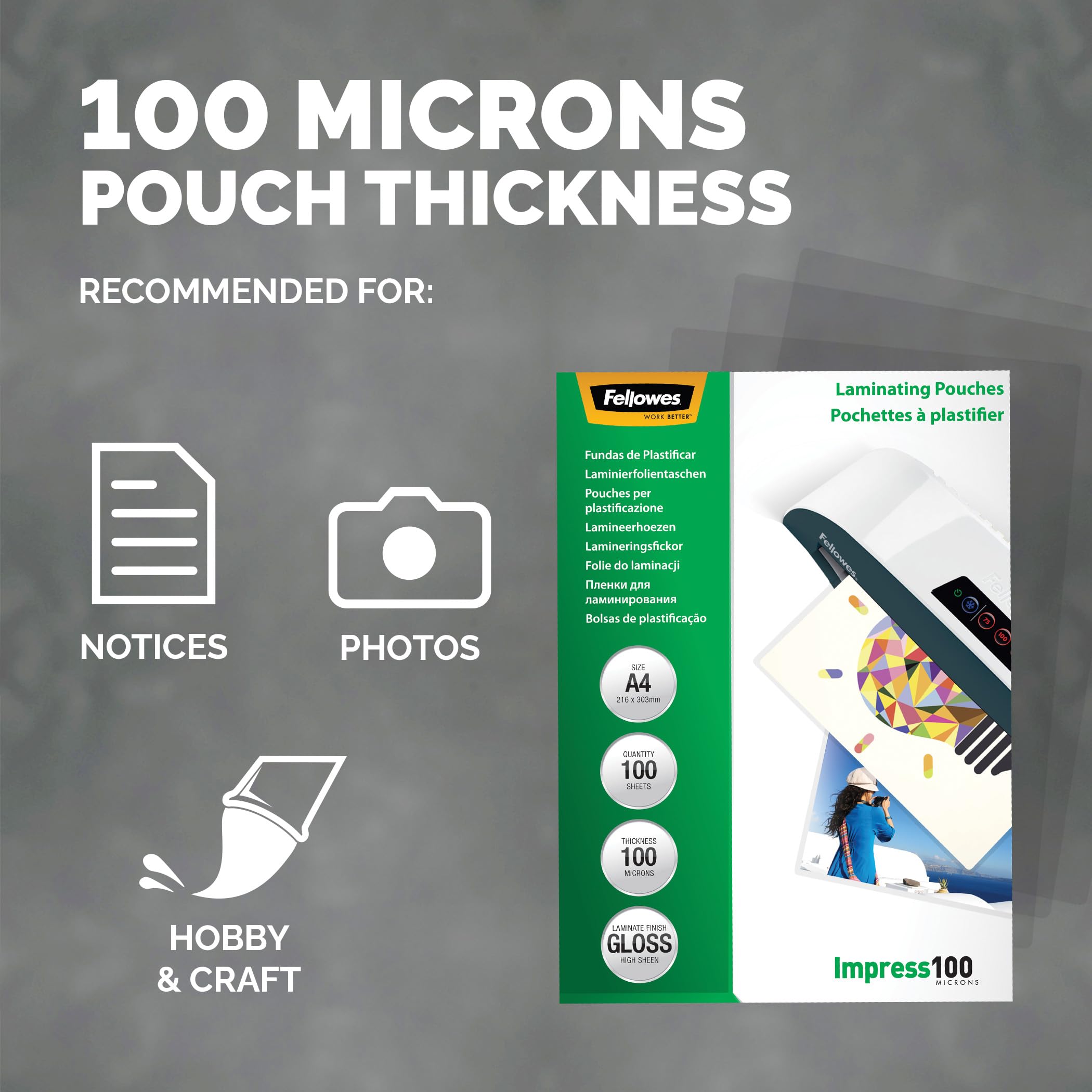 Fellowes A4 Laminating Pouches, Gloss Finish, 100 Sheets, 200 Micron (2 x 100 Micron) High Quality Finish - Ideal for Notices, Photos and Creatives