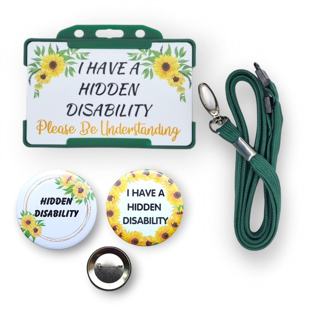 Hidden Disability ID Card with 2 x 58mm large sunflower badges - Medical Awareness Lanyard