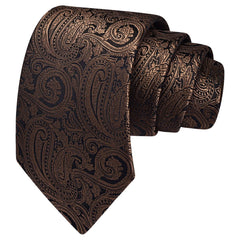 Gusleson Mens Brown Tie for Wedding Silk Paisley Necktie Pocket Square Cufflinks and Lapel Pin Brooch Set (UK6103-27)