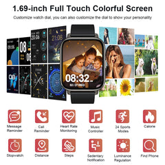 Ordtop Smart Watch, Fitness Tracker 1.69 inches Touch Screen Men's Women's Smartwatch Sports Watch Pedometer Heart Rate Monitor Waterproof IP68 Smart Watch 24 Modes Smart Bracelet Stopwatch for Android iOS