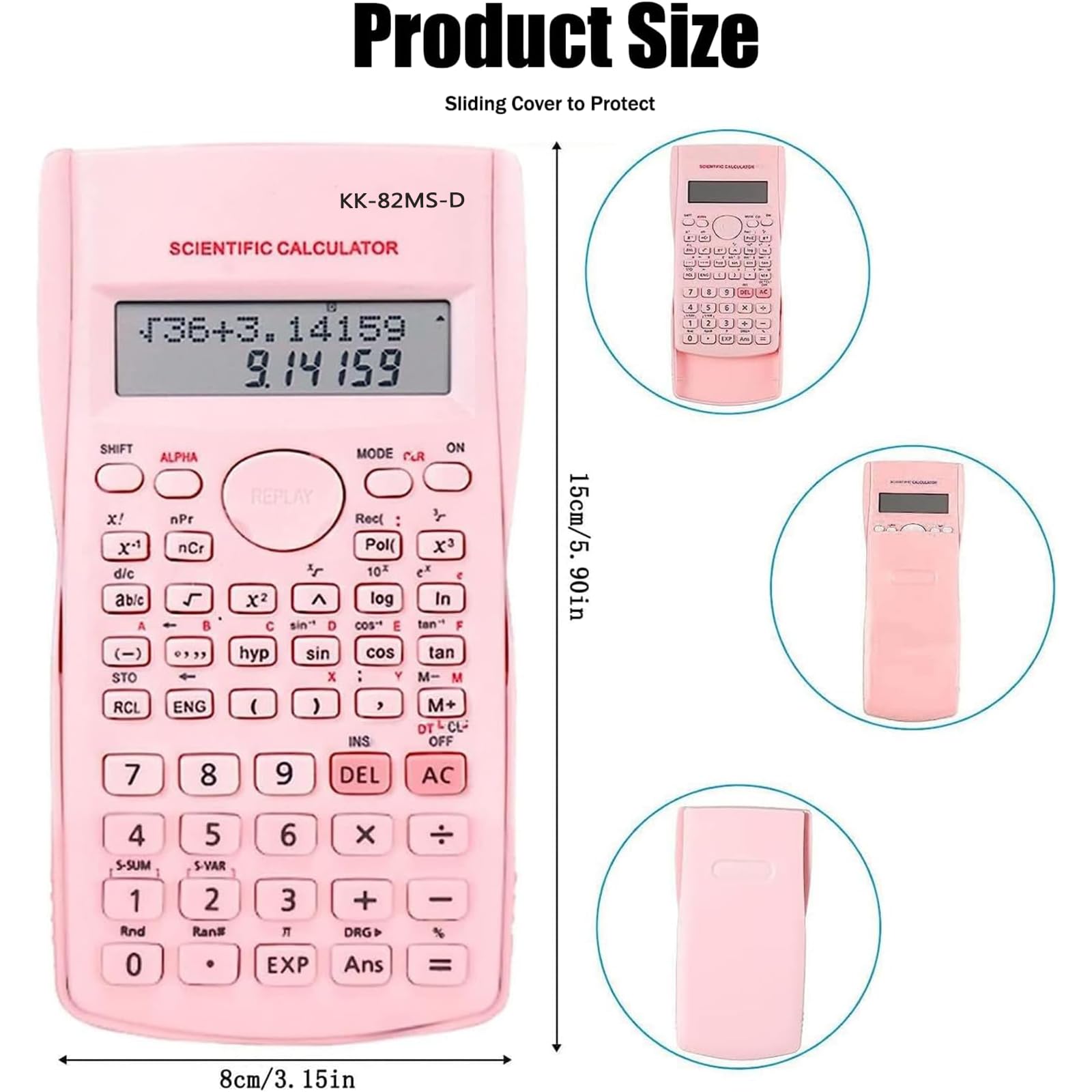 KK-82MS-D Portable Scientific Calculator Engineering Scientific Functional Calculator with 240 Functions Two-Line Display for Back to School Supplies Students Teachers Business Office Home(Pink)