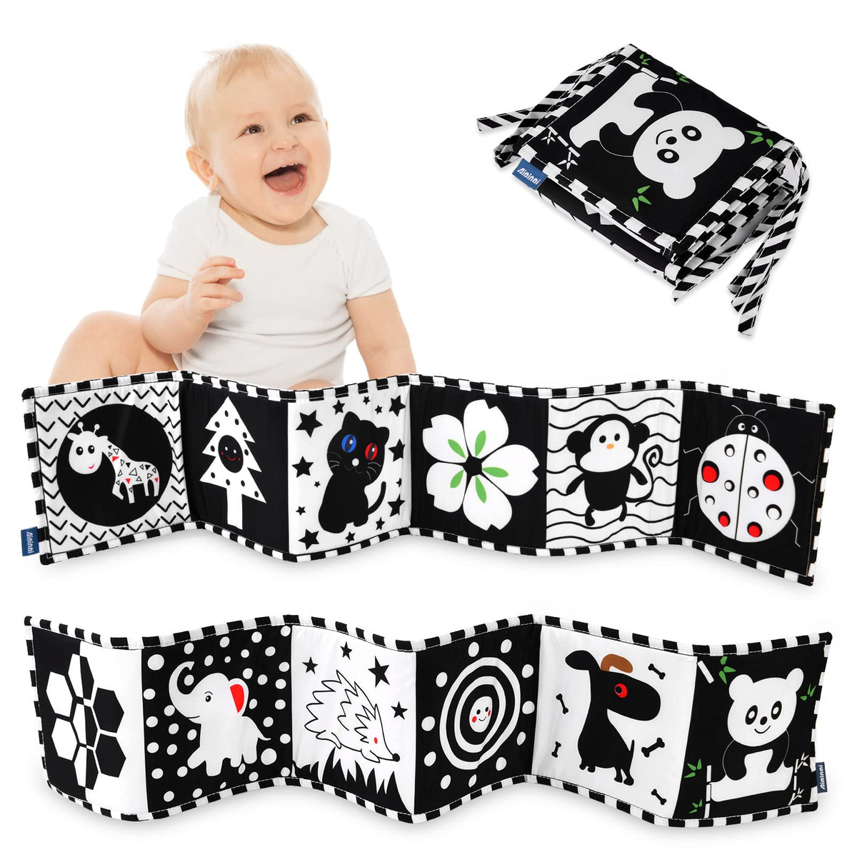 Vicloon Baby Soft Books, Baby Cloth Book, Black and White High Contrast Soft Cloth Book for Early Learning, Foldable Soft Fabric Quiet Book, Touch and Feel Crinkle Cloth Books for Babies First Book