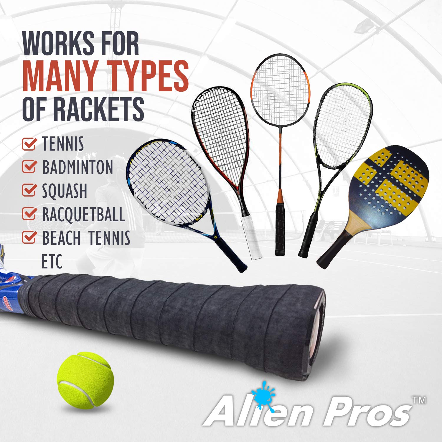 Alien Pros Tennis Racket Grip Tape (6 Grips) – Precut and Light Tac Feel Tennis Grip – Tennis Overgrip Grip Tape Tennis Racket – Wrap Your Racquet for High Performance (6 Grips, Black)