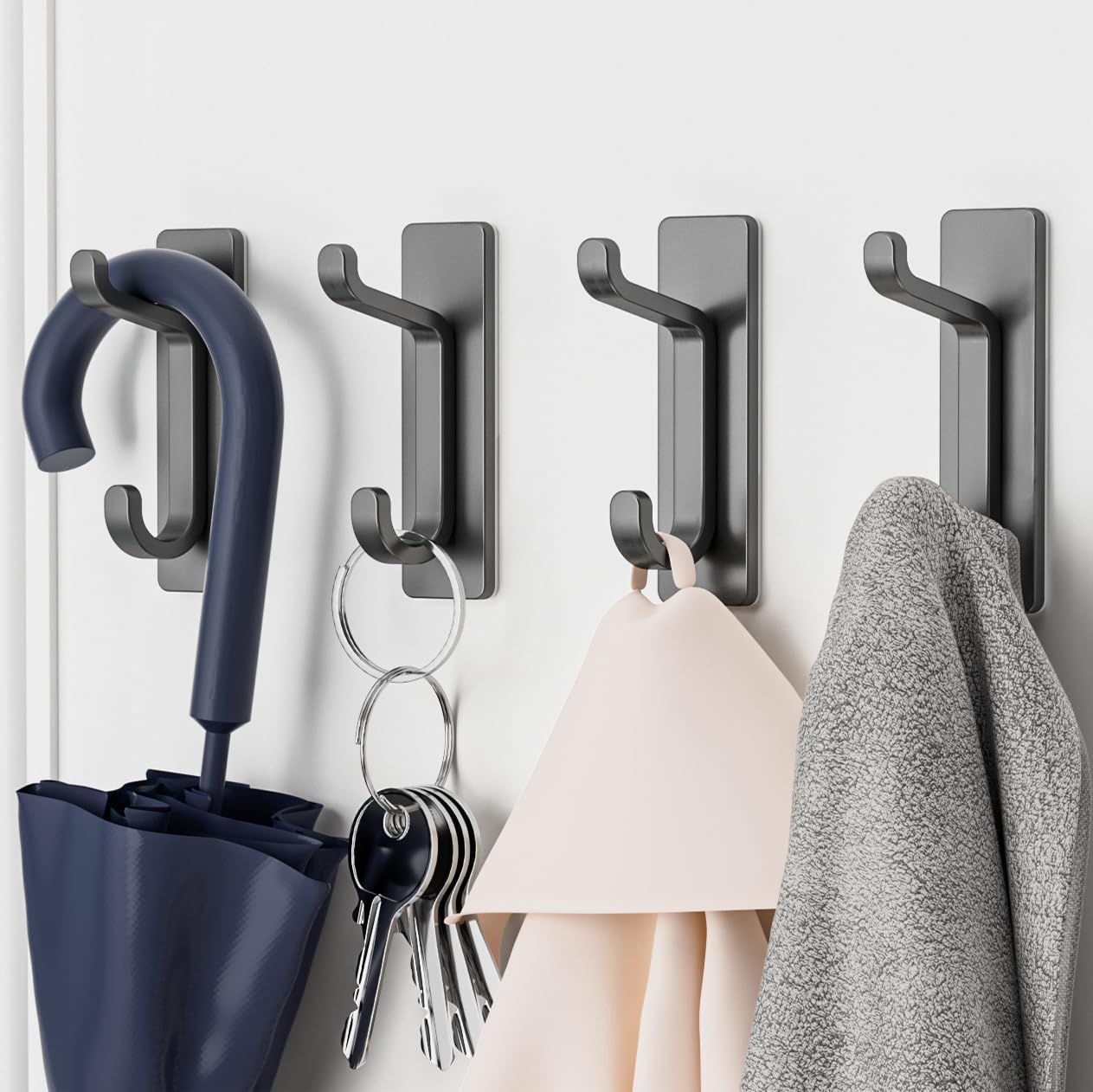 Stick on Hooks for Hanging, Extra Sticky 6KG (Max), Coat Hook on Door for Towel Coat Hat Key, Metal Stainless Heavy Duty, Self Adhesive Hangers Wall Mounted for Bathroom Shower Kitchen, Grey, 6 Pack