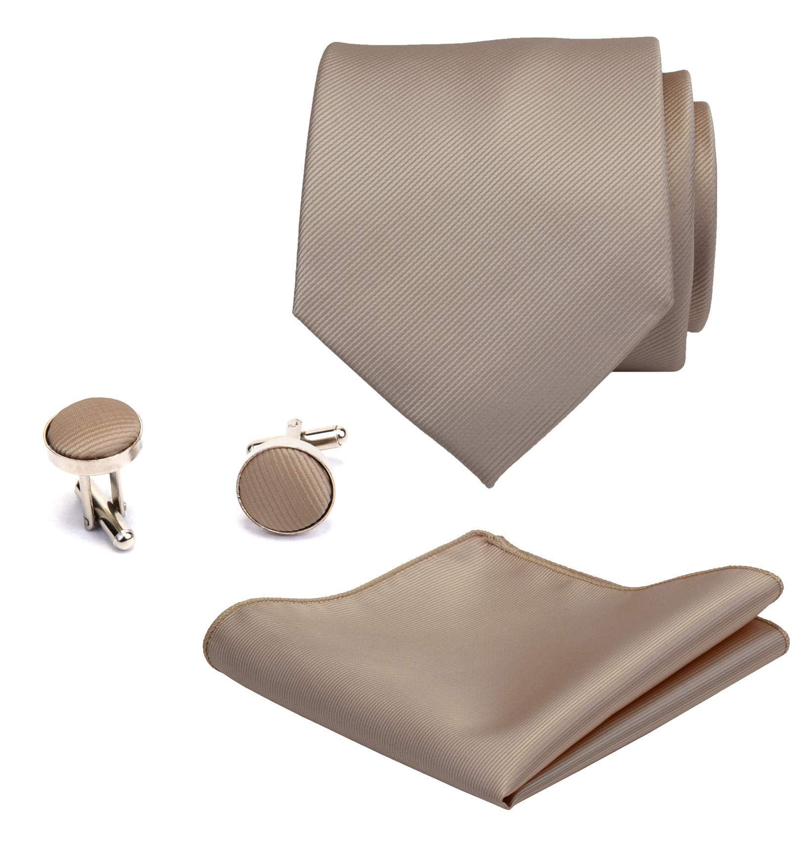 Gusleson Brand Men's Solid Silk Champagne Ties Adult Neckties and Pocket Square Cufflinks Sets (UK0789-10)