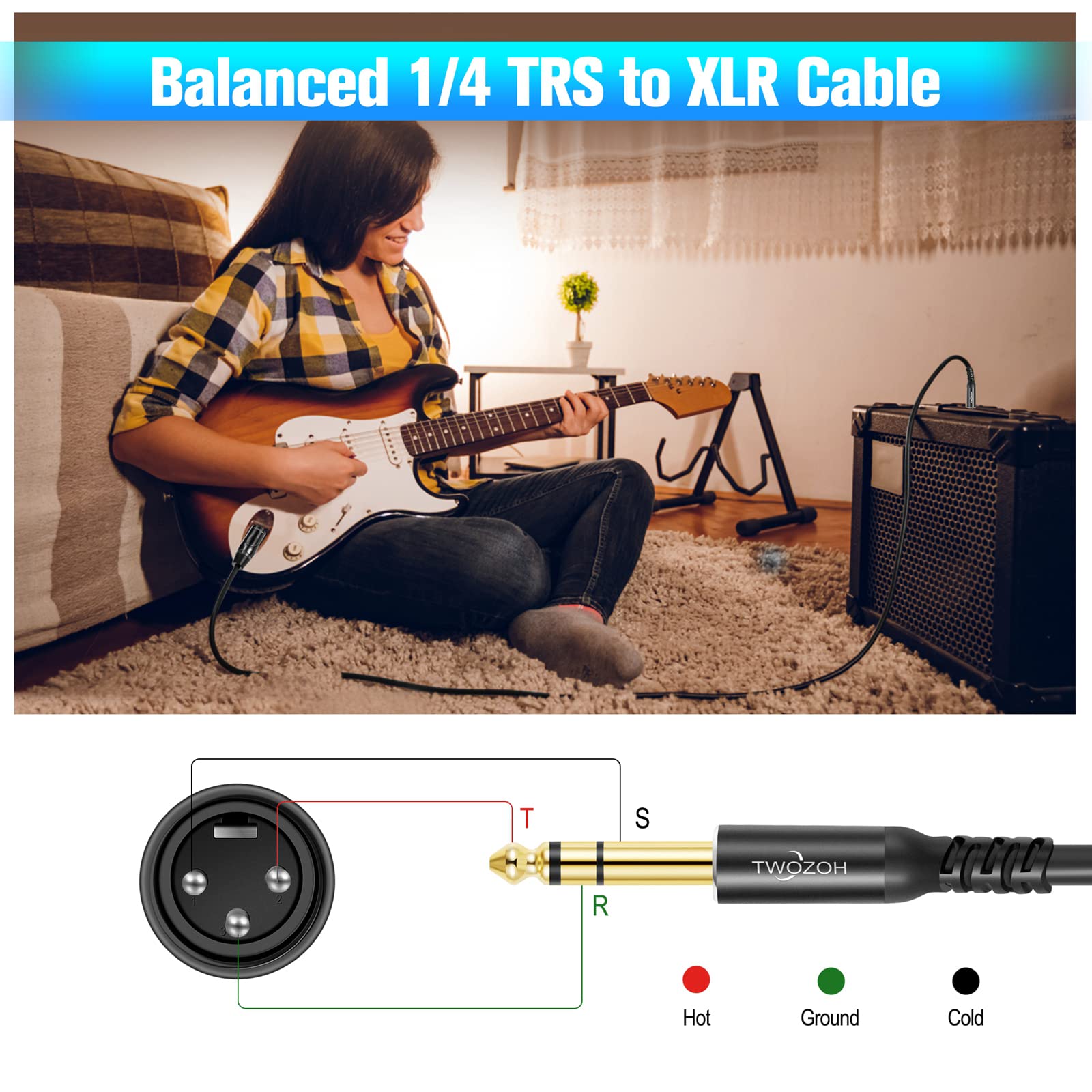 Twozoh XLR Male to 1/4 Inch Jack TRS Cable, balanced 6.35mm Plug to 3 pin XLR Male, Quarter inch to XLR Stereo Male to Male Guitar Cable 3M (Profesional/Hifi)